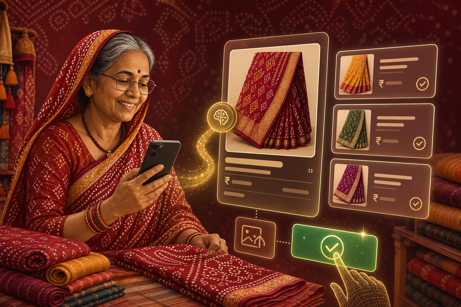Indian artisan uploading heritage product photos — AI automatically fills inventory details on HeritageVastra